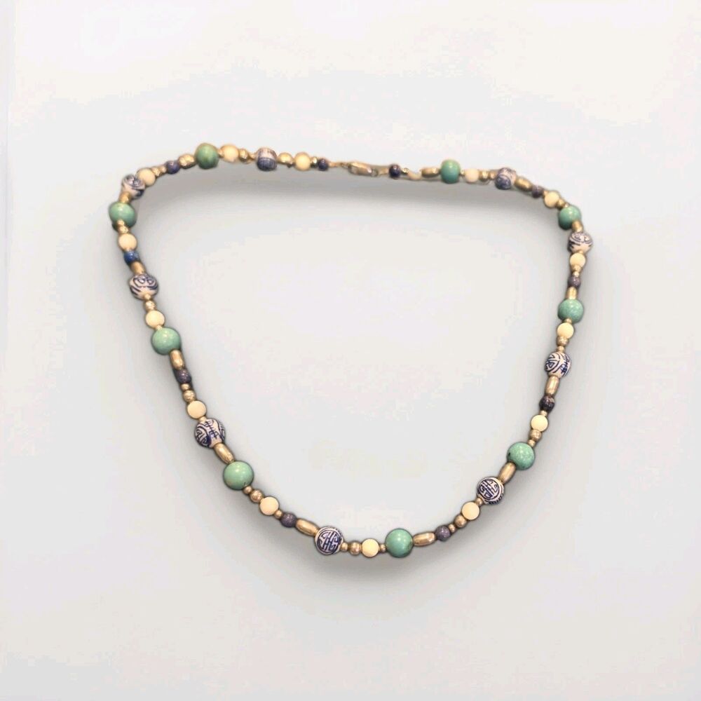 Vintage Boho Turquoise Amethyst Beaded Necklace Chinese Fu Ceramic Beads Gold...